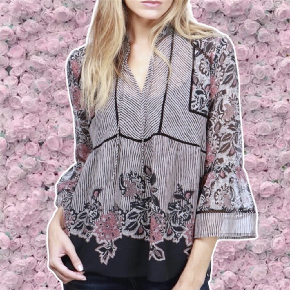 Lucky Brand Black and Pink Floral Blouse